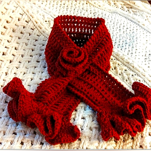 Hand Crafted Accessories - Handmade Crochet Scarf Scarflette, Vintage inspired, Red color